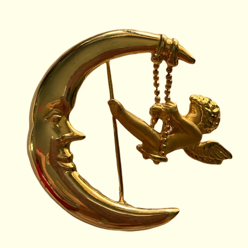 80’s Vintage Angel Swinging on the Moon Brooch/Pin